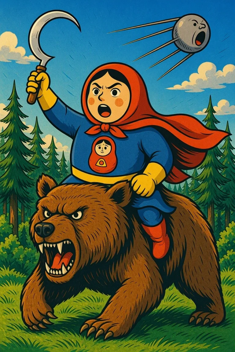 Ilustração de uma super-heroína russa com traje azul e capa vermelha montada em um urso pardo enfurecido, segurando uma foice enquanto um satélite Sputnik com rosto humano grita no céu sobre uma floresta de pinheiros.