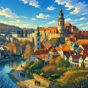 Pueblo medieval europeo con un castillo, tejados rojos y un río al atardecer
