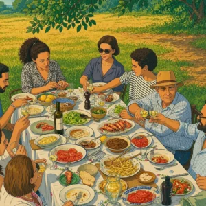 família reunida comendo ao ar livre em um prado verde