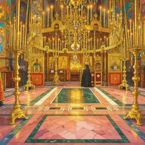 Interior dourado de uma igreja ortodoxa com grandes lustres e detalhes ornamentais