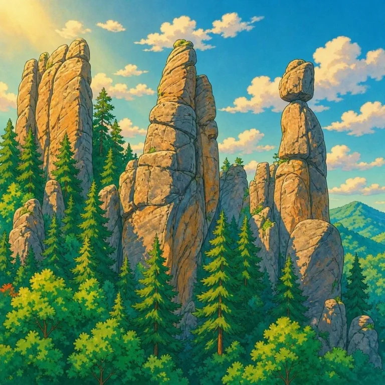 Imponentes formaciones rocosas verticales rodeadas de frondosos bosques de pinos bajo un cielo azul con nubes