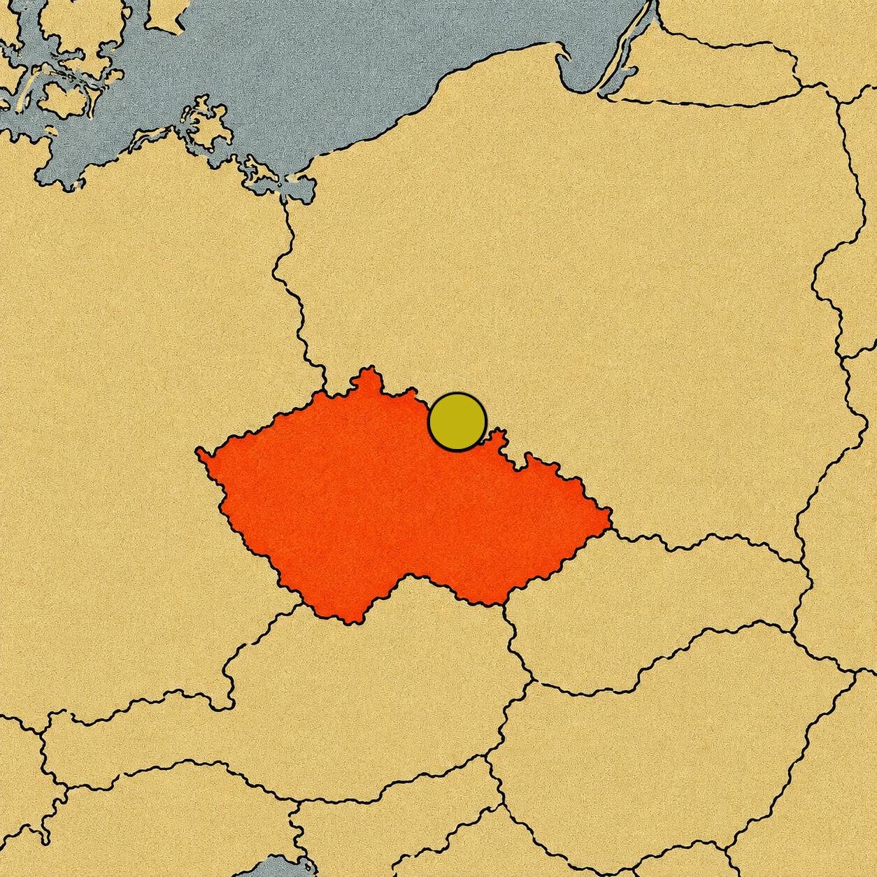 Mapa de la República Checa en color rojo con un punto amarillo indicando su capital, Praga