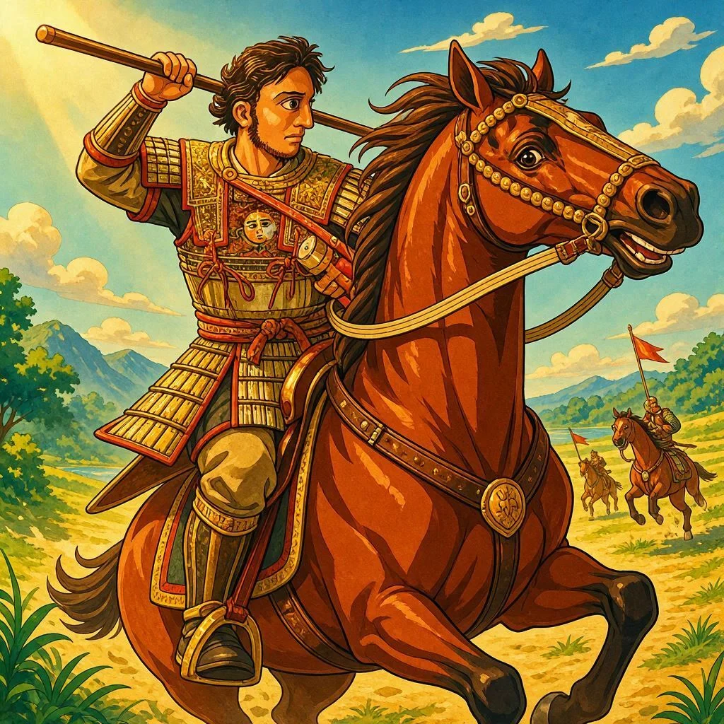 Ilustración de un guerrero antiguo a caballo sosteniendo una lanza