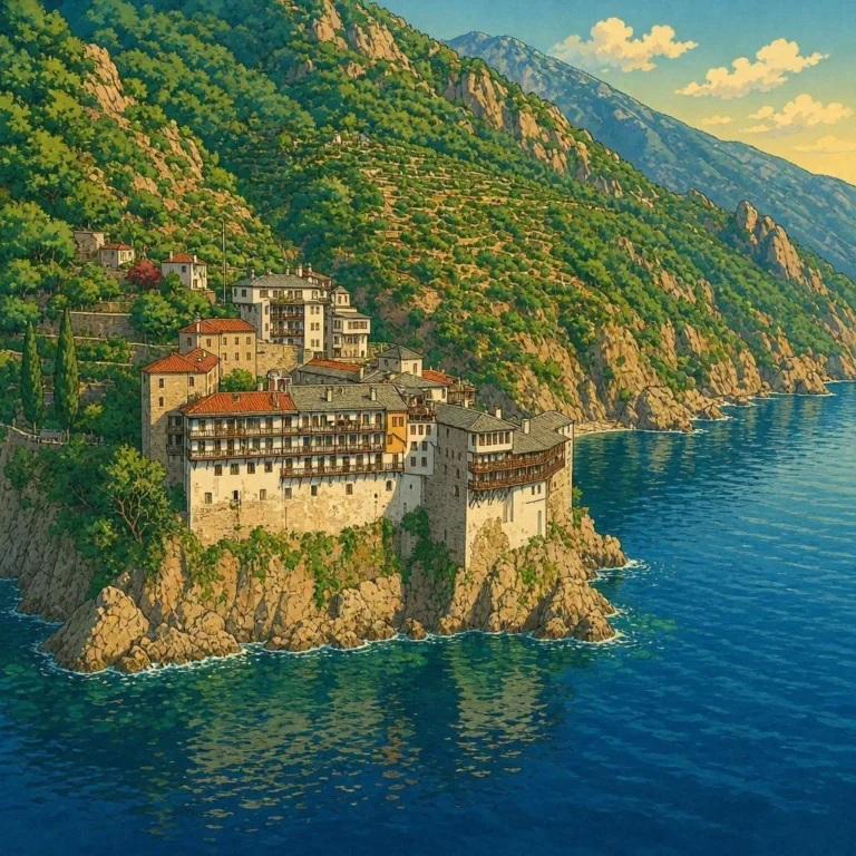 Monasterio tradicional construido sobre un acantilado rocoso junto al mar azul