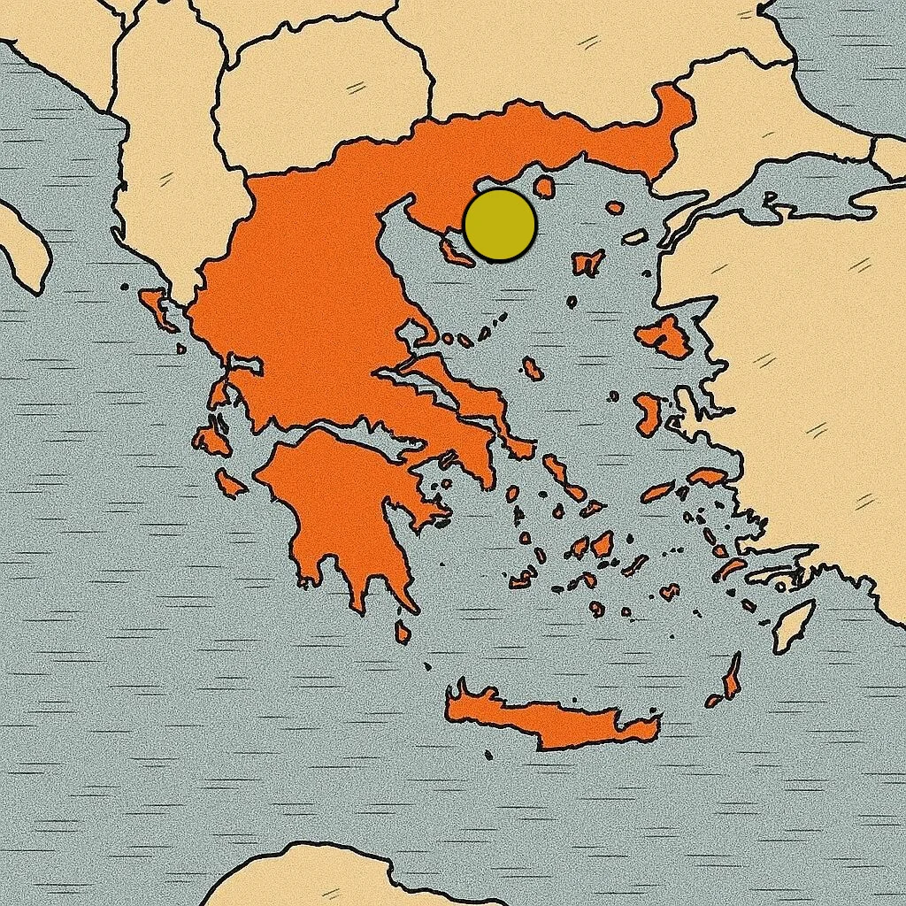 Mapa de Grecia con un punto amarillo en el mar Egeo