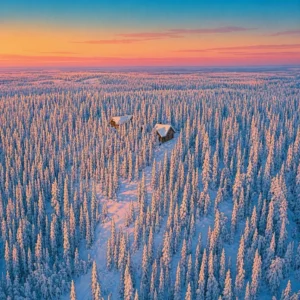 Dos pequeñas cabañas de madera rodeadas por un vasto bosque de pinos nevados bajo un cielo al atardecer.