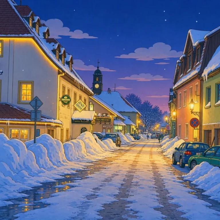 Calle principal de un pueblo europeo cubierta de nieve al atardecer