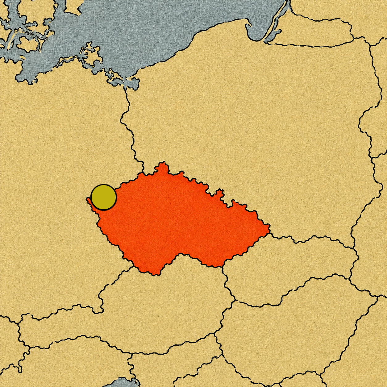 Mapa de Europa Central con la República Checa destacada en rojo y un punto amarillo en su capital, Praga