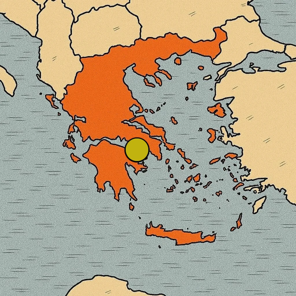 Mapa de Grecia con un punto amarillo señalando su capital