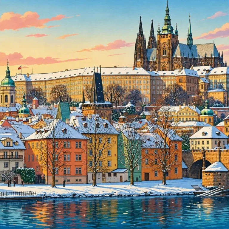 Castillo de Praga cubierto de nieve junto al río Moldava