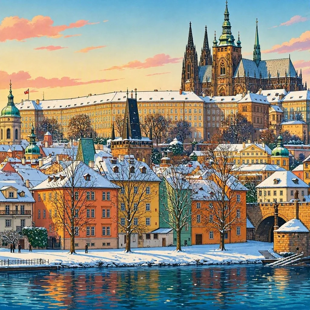Castillo de Praga cubierto de nieve junto al río Moldava