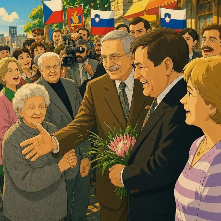 Políticos sonriendo y saludando a ciudadanos entre banderas nacionales