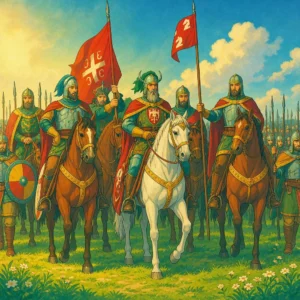 Grupo de caballeros medievales con banderas y armaduras sobre caballos