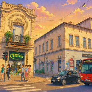 Calle animada al atardecer con edificios antiguos, jóvenes caminando y tráfico urbano