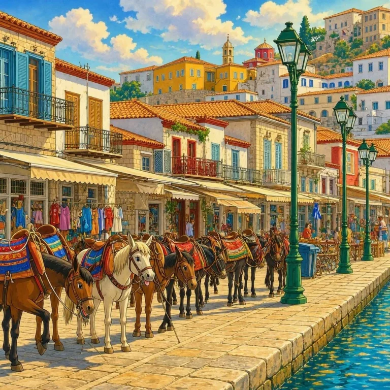 caballos con sillas de montar junto al puerto de un pueblo mediterráneo