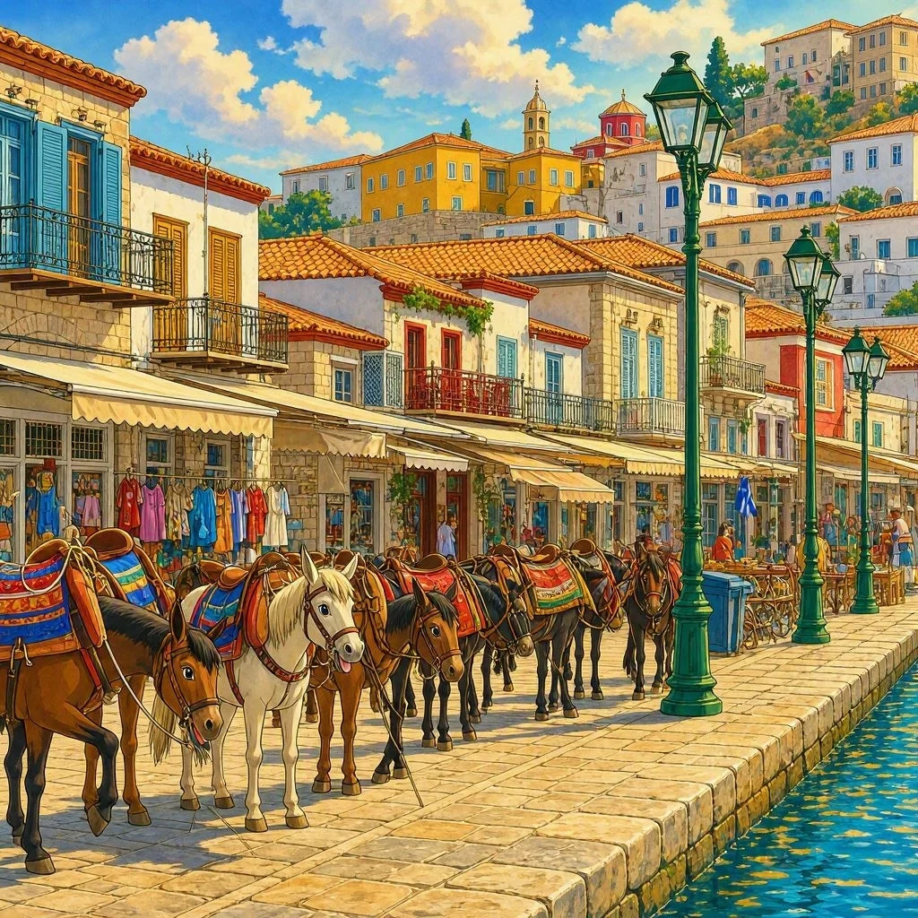 caballos con sillas de montar junto al puerto de un pueblo mediterráneo