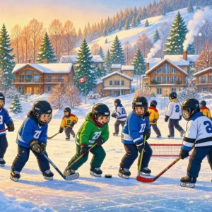 niños jugando al hockey sobre hielo en un pueblo nevado