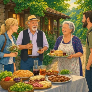 familia sonriente compartiendo un banquete al aire libre junto a una casa rural