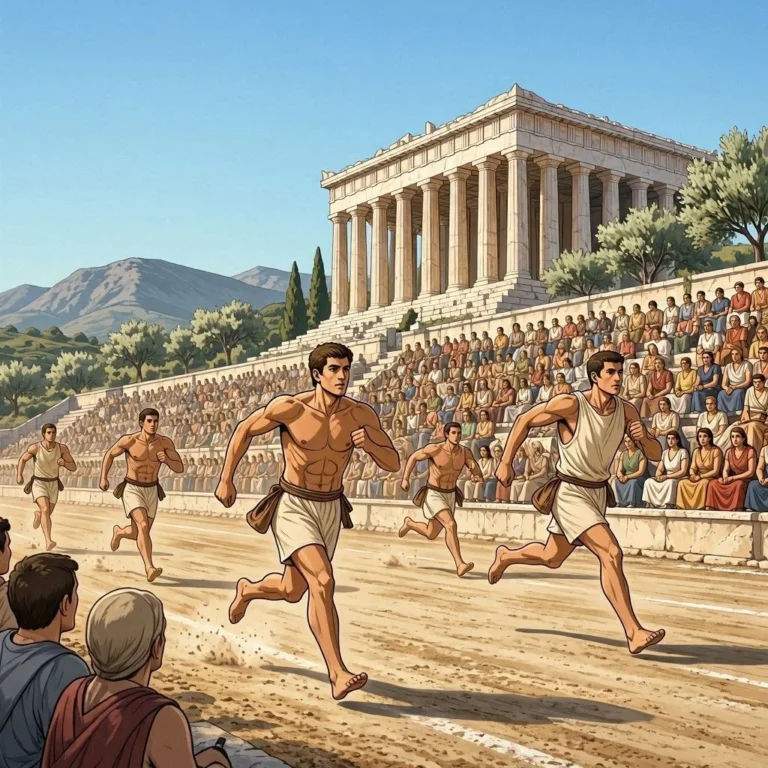 Atletas griegos compitiendo en una carrera frente a un templo clásico y un público numeroso