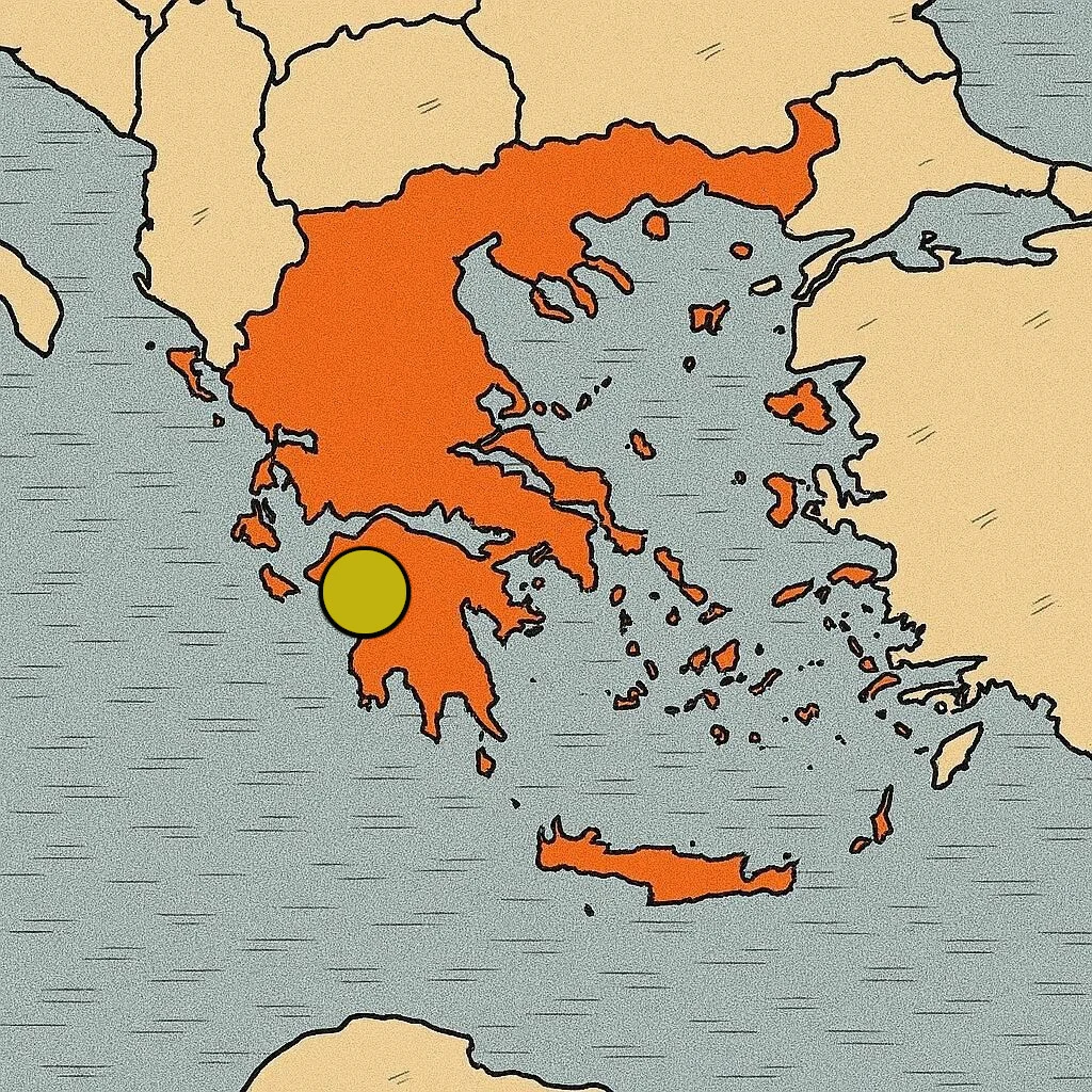 Mapa de Grecia con un punto amarillo señalando la península del Peloponeso