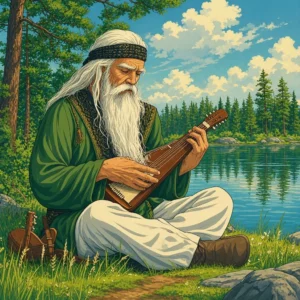 Anciano con barba larga tocando un instrumento musical tradicional junto a un lago rodeado de bosques de pinos