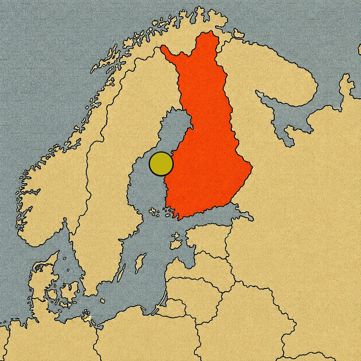 Mapa de Finlandia resaltado en rojo con un punto amarillo en su capital, Helsinki