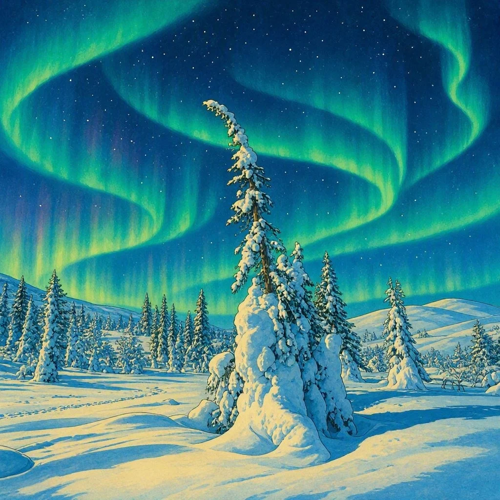 Impresionante aurora boreal verde iluminando el cielo nocturno sobre un paisaje nevado con pinos en el Ártico.