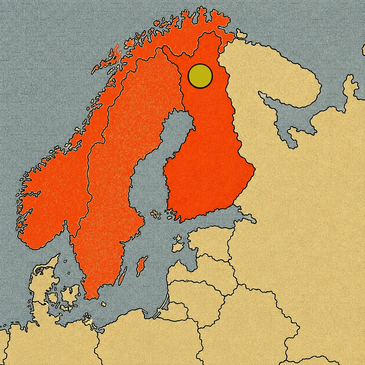 Mapa de los países nórdicos con Finlandia destacada y un punto amarillo