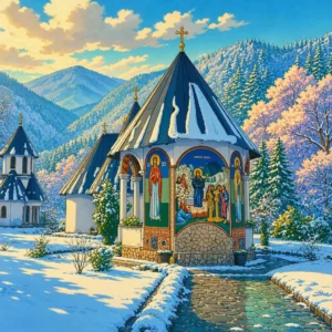 Iglesia ortodoxa tradicional cubierta de nieve en un paisaje montañoso