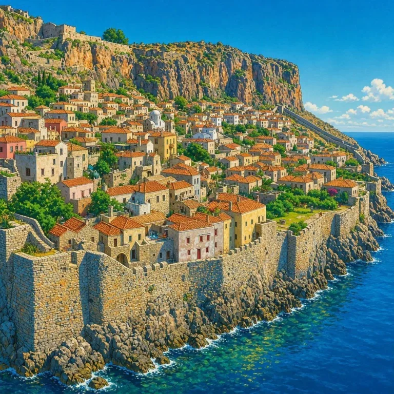 Pueblo medieval amurallado construido sobre un gran acantilado junto al mar