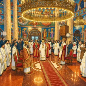 ceremonia religiosa ortodoxa en el interior de una iglesia decorada con frescos