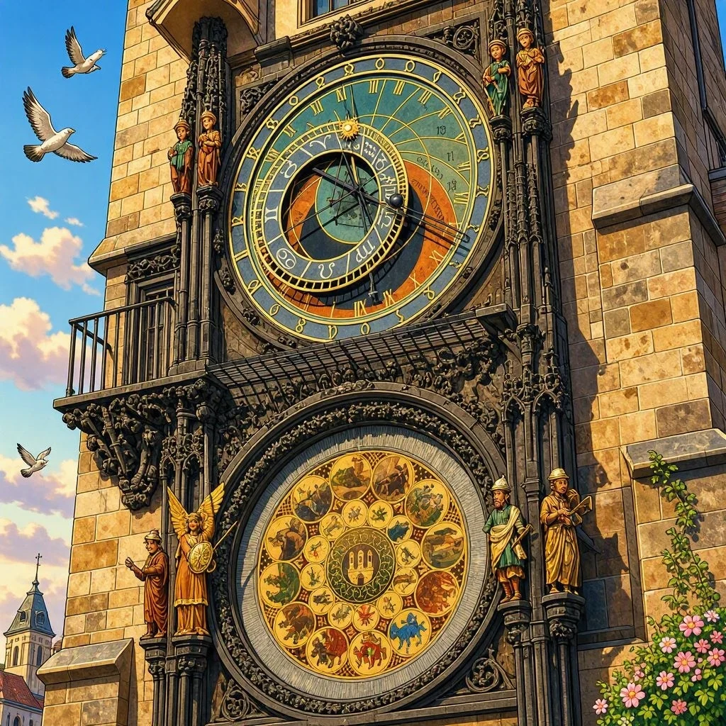 El famoso Reloj Astronómico medieval de Praga con sus esferas detalladas y figuras de apóstoles.