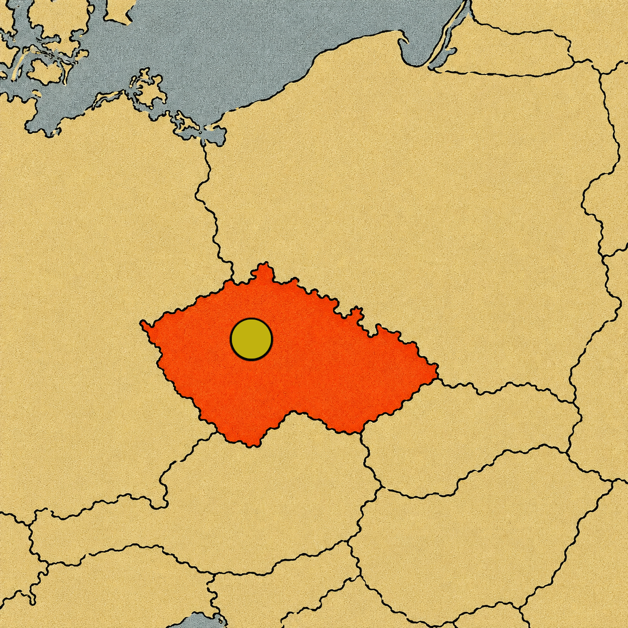 Mapa de la República Checa resaltada en naranja sobre Europa central con un punto amarillo en su capital, Praga