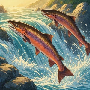 Salmones nadando contra corriente en un río con cascadas