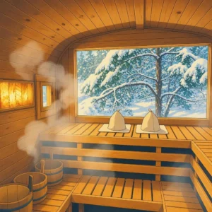 Interior de una sauna de madera con vapor y una ventana grande que muestra un paisaje nevado