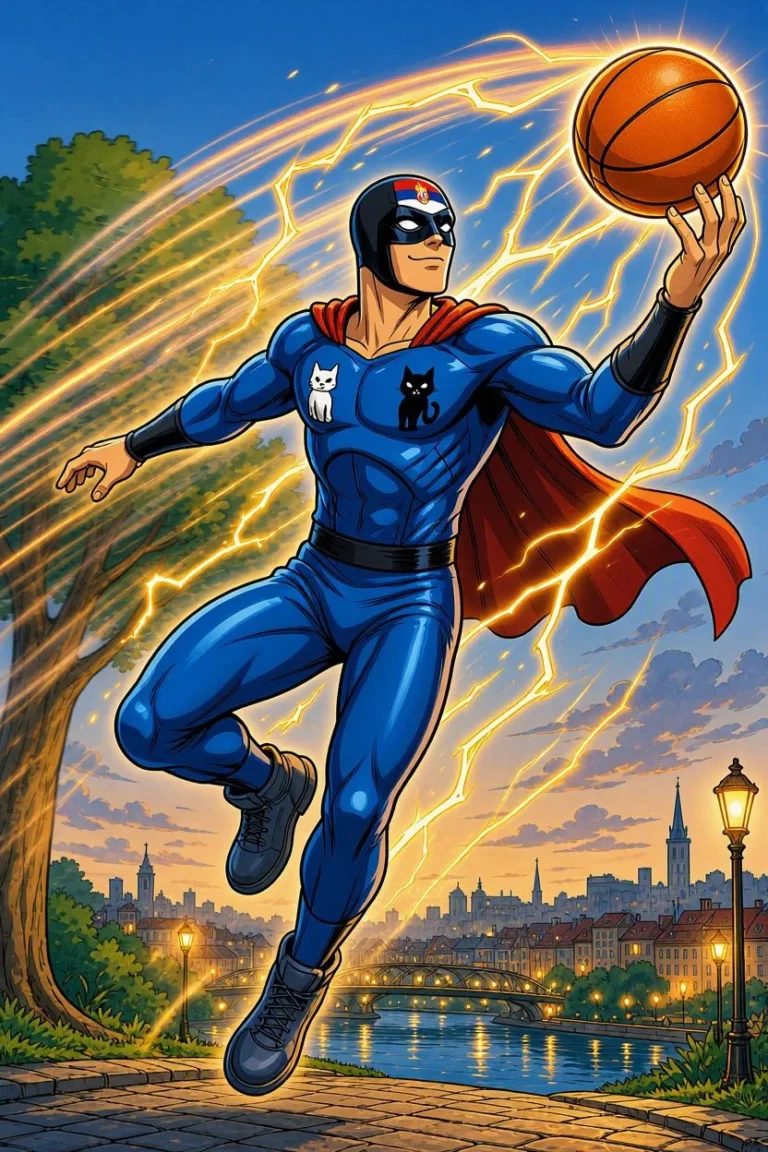 Superhéroe con traje azul y capa roja levitando mientras sostiene un balón de baloncesto rodeado de rayos, con una ciudad al atardecer de fondo