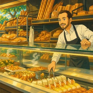 Smiling baker in a bakery full of bread