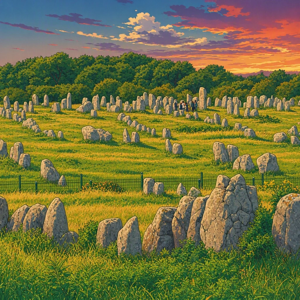 alineaciones de grandes piedras antiguas en un campo verde bajo un cielo de atardecer