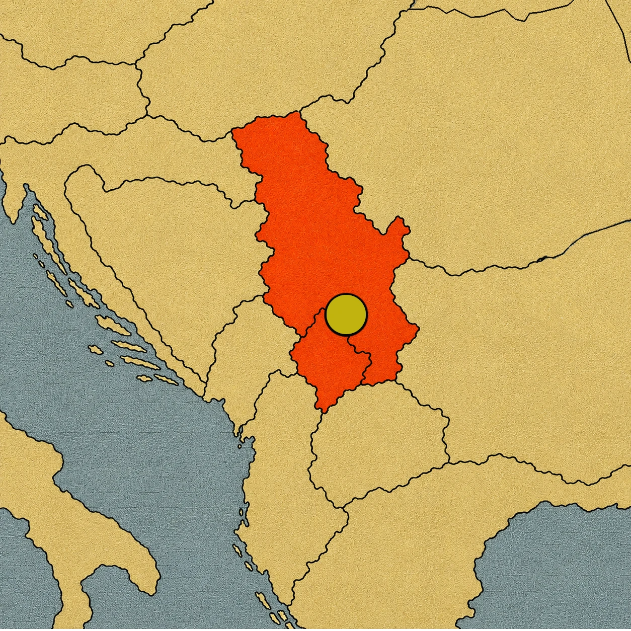 Mapa de Serbia en color rojo con un punto amarillo indicando su capital