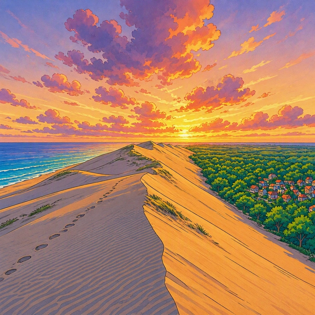 Gran duna de arena junto al mar y un bosque verde al atardecer