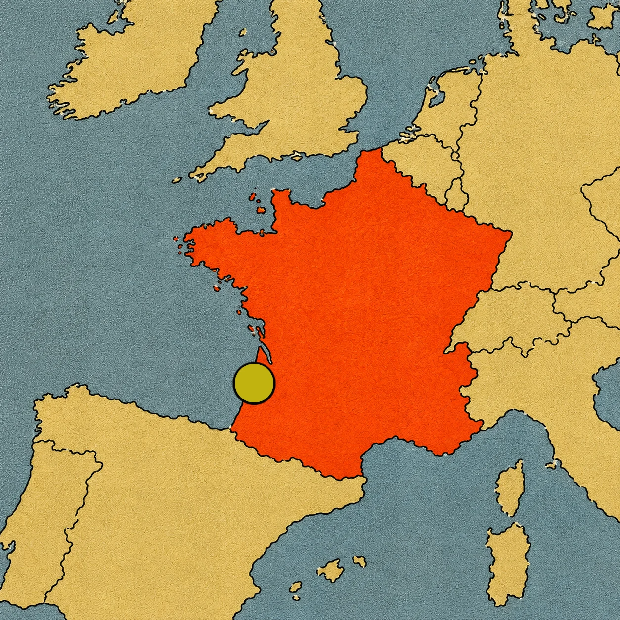 Mapa de Europa con Francia resaltada en rojo y un círculo amarillo señalando su ubicación geográfica.