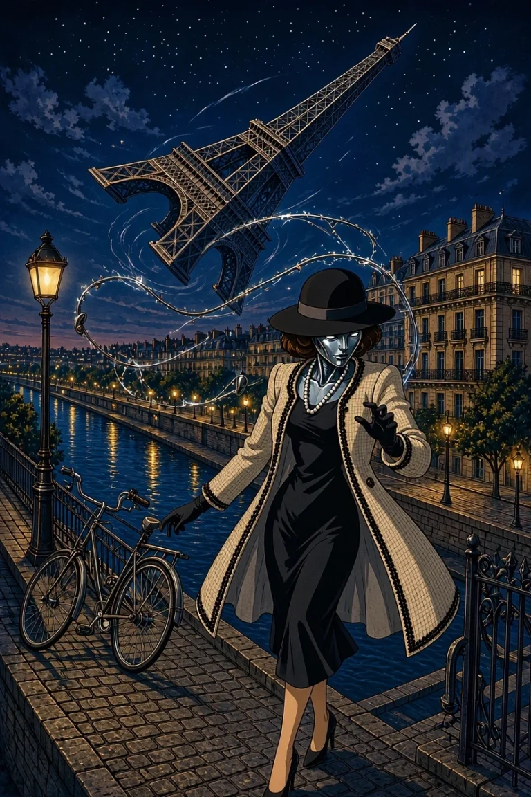 An elegant robotic woman walks along a canal in Paris while the Eiffel Tower floats magically in the starry night sky.