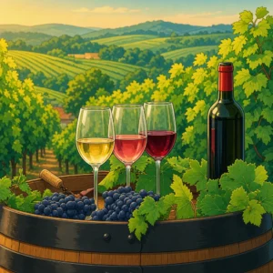 Three glasses of white, rosé and red wine on a barrel with grapes, in front of a beautiful vineyard landscape in the hills