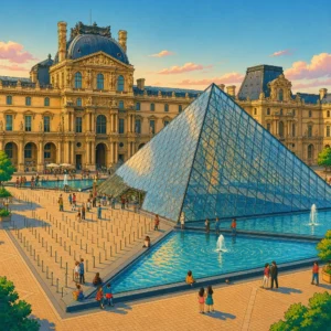 The famous glass pyramid of the Louvre Museum in Paris with water fountains and people around.