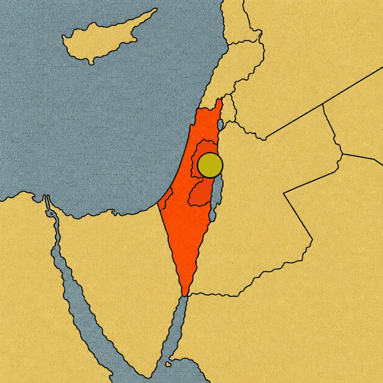 Mapa de Oriente Medio que resalta a Israel en color naranja junto al mar Mediterráneo.