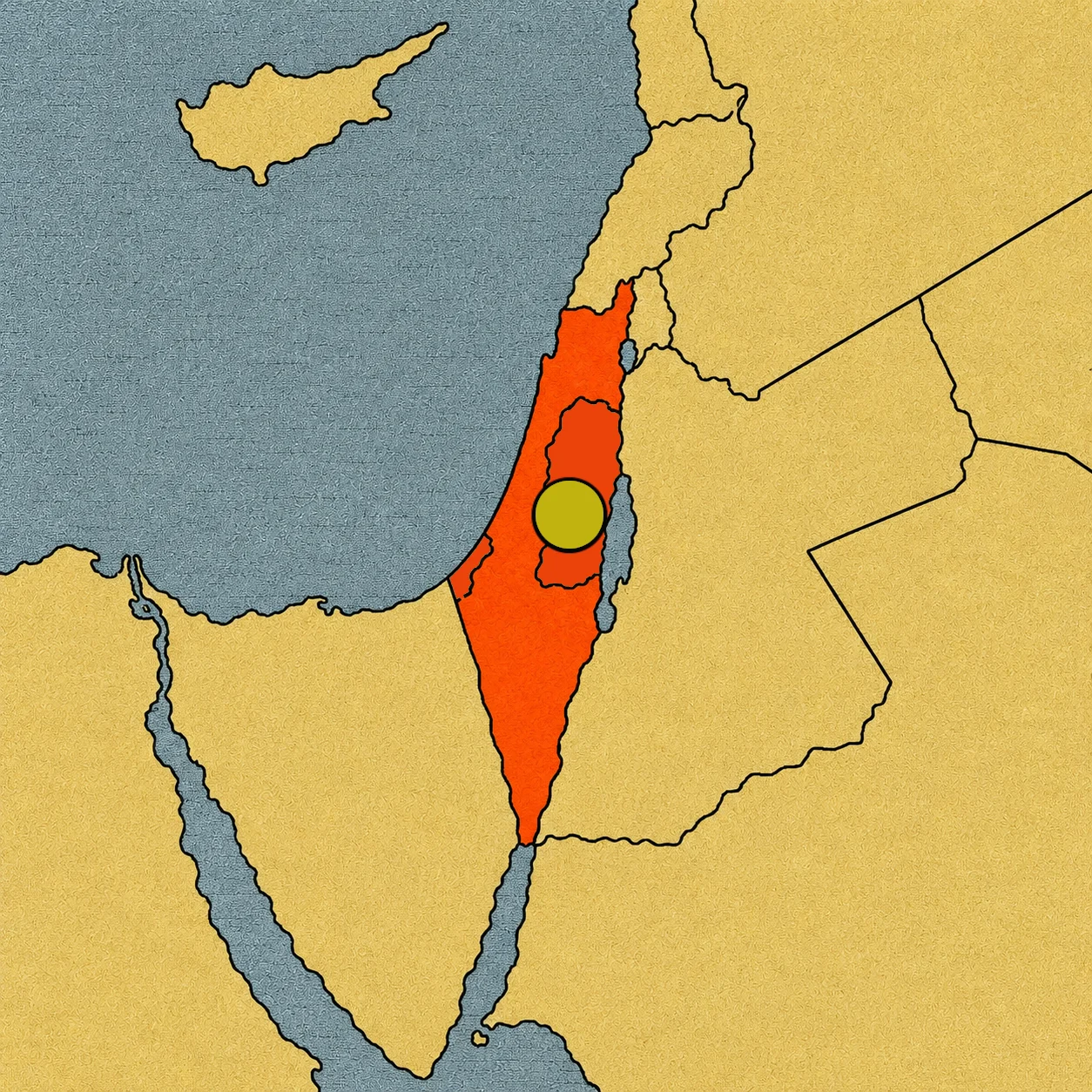 Mapa político que destaca a Israel en color naranja junto al mar Mediterráneo.