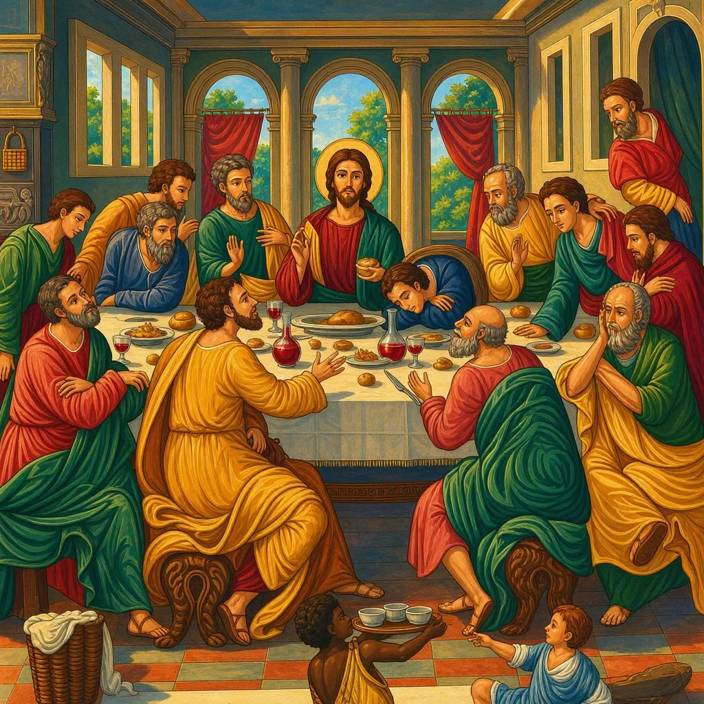 Jesús y sus doce discípulos cenando juntos en una sala tradicional.