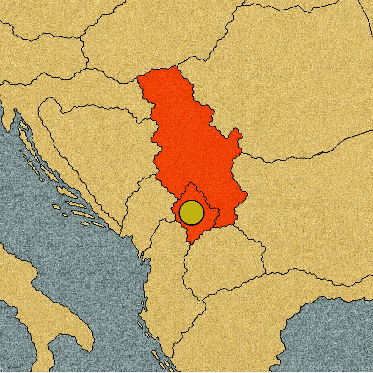 Mapa de Serbia en color rojo destacando su territorio y su capital con un círculo amarillo en el sur