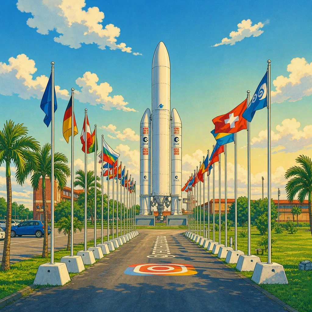 cohete espacial blanco rodeado por banderas de diferentes países