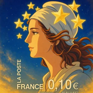 Profile illustration of Marianne wearing a Phrygian cap and golden stars against a blue background.